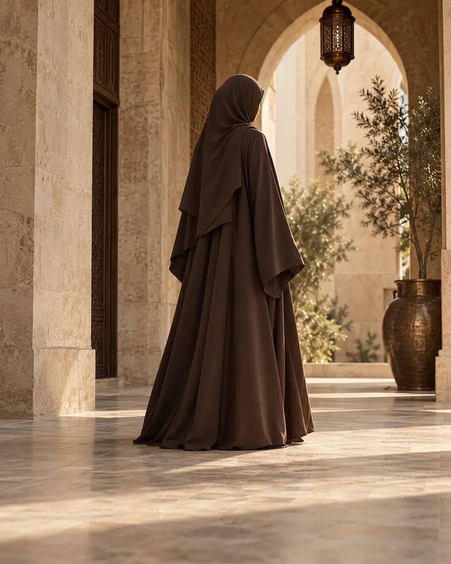 Floor-length chocolate brown abaya and matching khimar