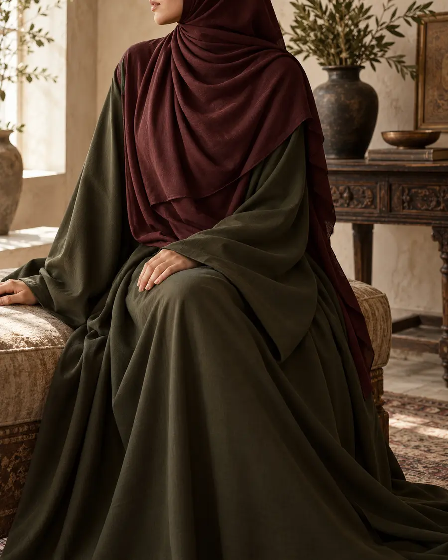 Burgundy modal hijab styled with a loose olive abaya