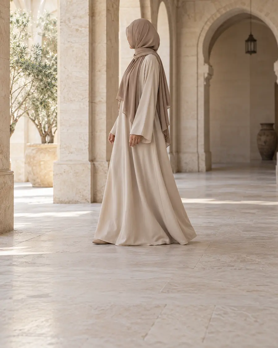Flowing oatmeal modest dress with a taupe hijab