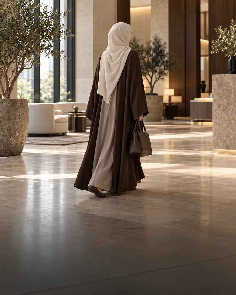Loose taupe and chocolate modest workwear with a cream hijab